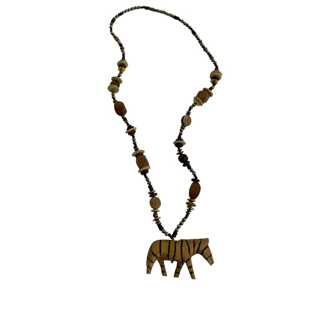 Boho Zebra Pendant Beaded Necklace - Brown - Picture 3 of 15